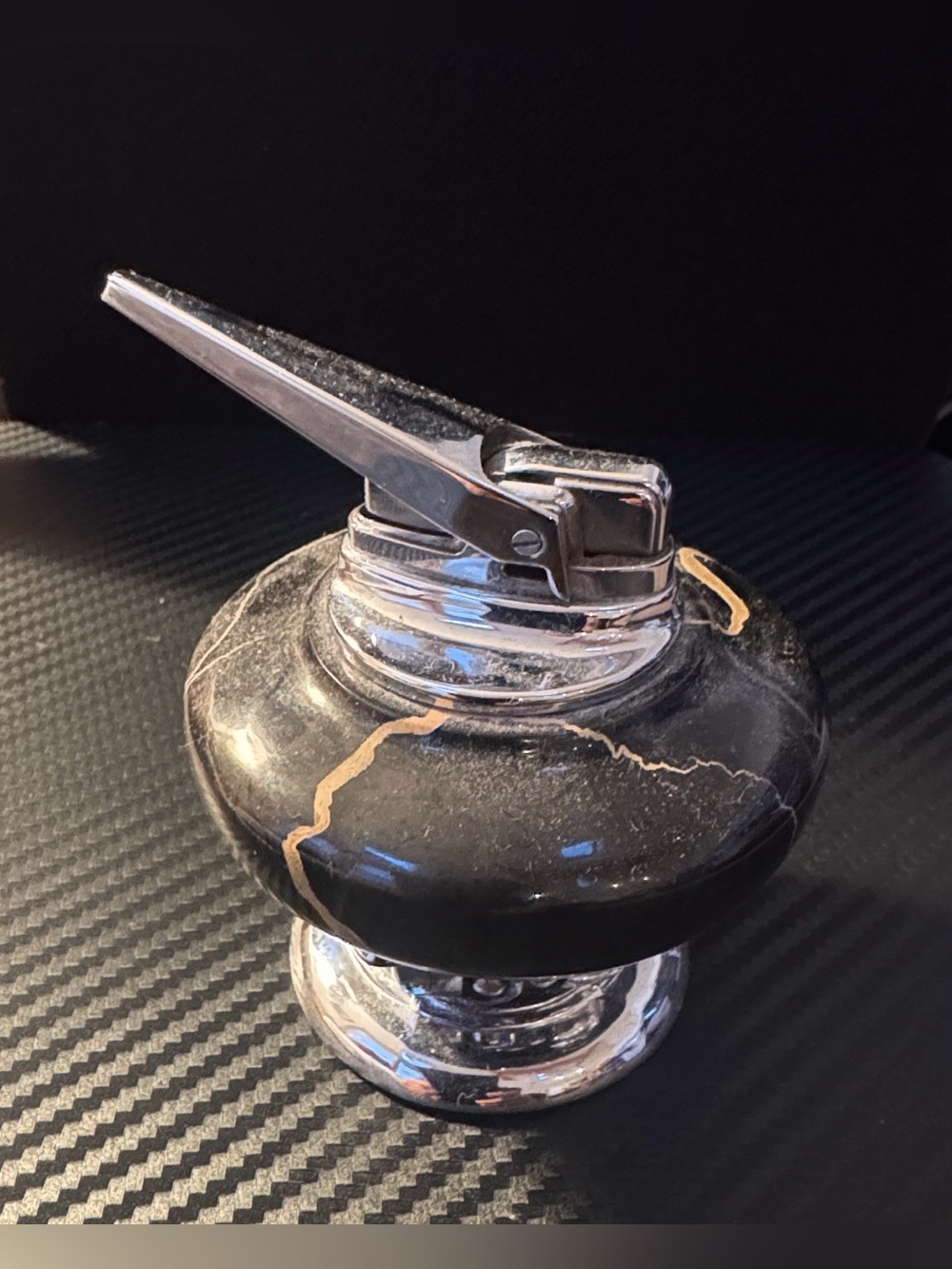 Vintage 1950s Ronson NORDIC Black ItalianMarble Table Lighter Chrome EUC WORKING